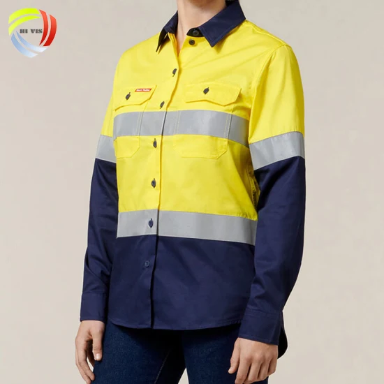 Женская двухцветная светоотражающая защитная одежда с длинными рукавами и проклеенной лентой, хлопковые рабочие рубашки с отражателем
